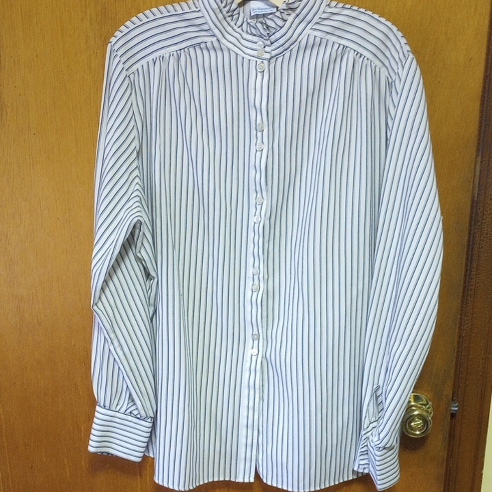 Levi Strauss Cream/White & Black Striped Polyester Vintage Blouse w/ High Neck - Picture 1 of 6